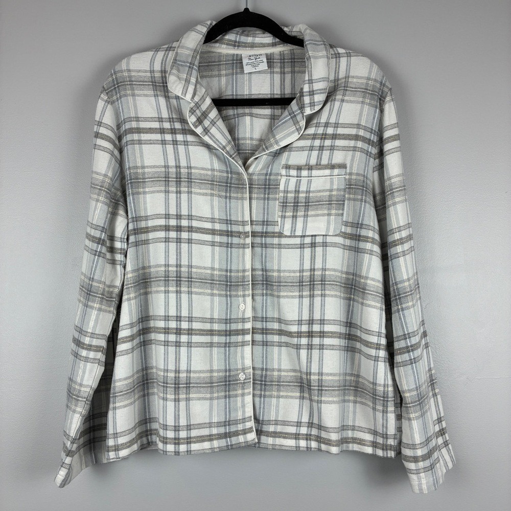Jaclyn New York Pajama Set L Rayon Cotton Plaid Sleepwear Cozy Loungewear Grey - Picture 3 of 13